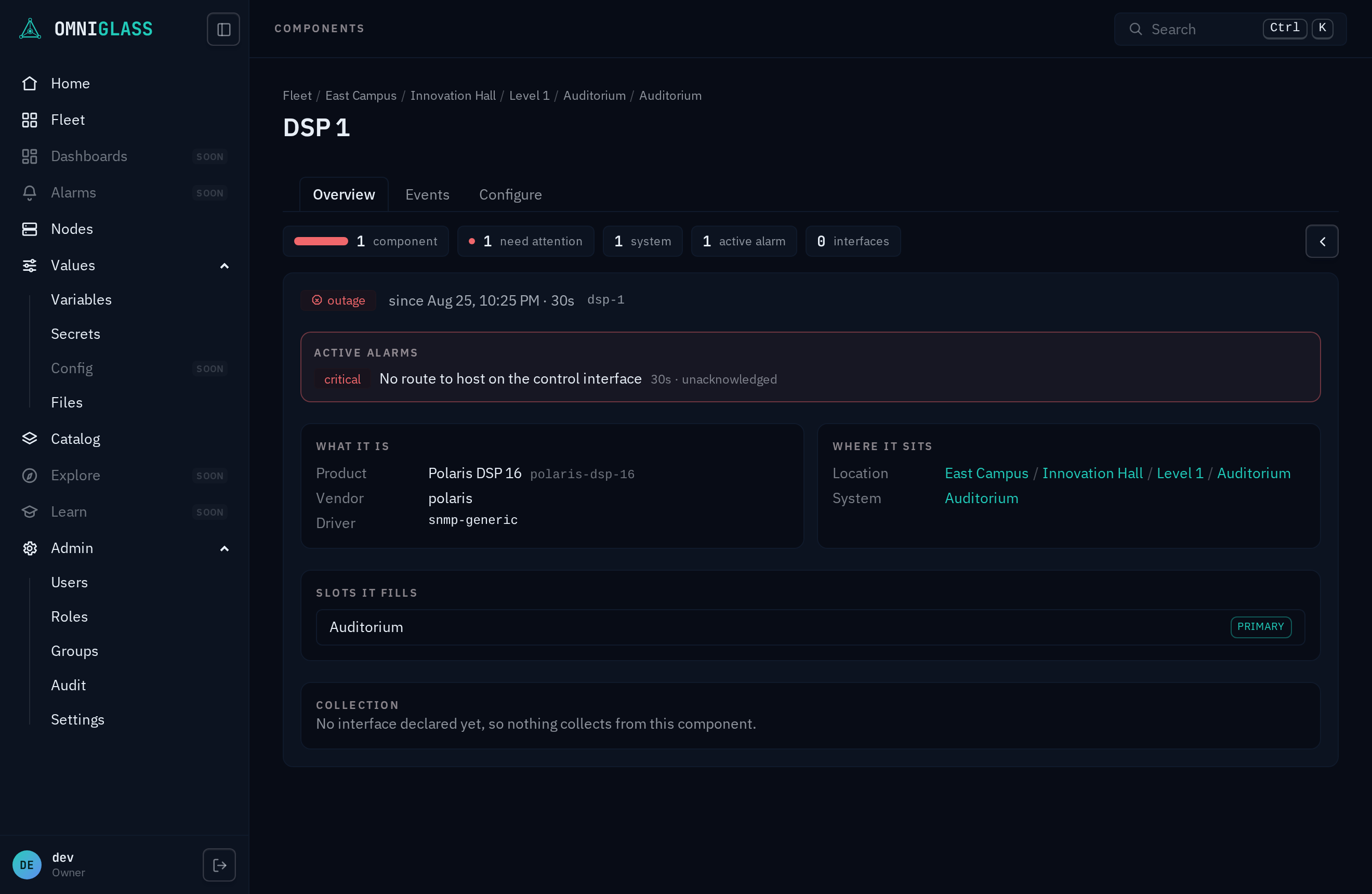 The component leaf: the verdict with its since-line, the active alarm, product and identity properties, the memberships, and the collection card.