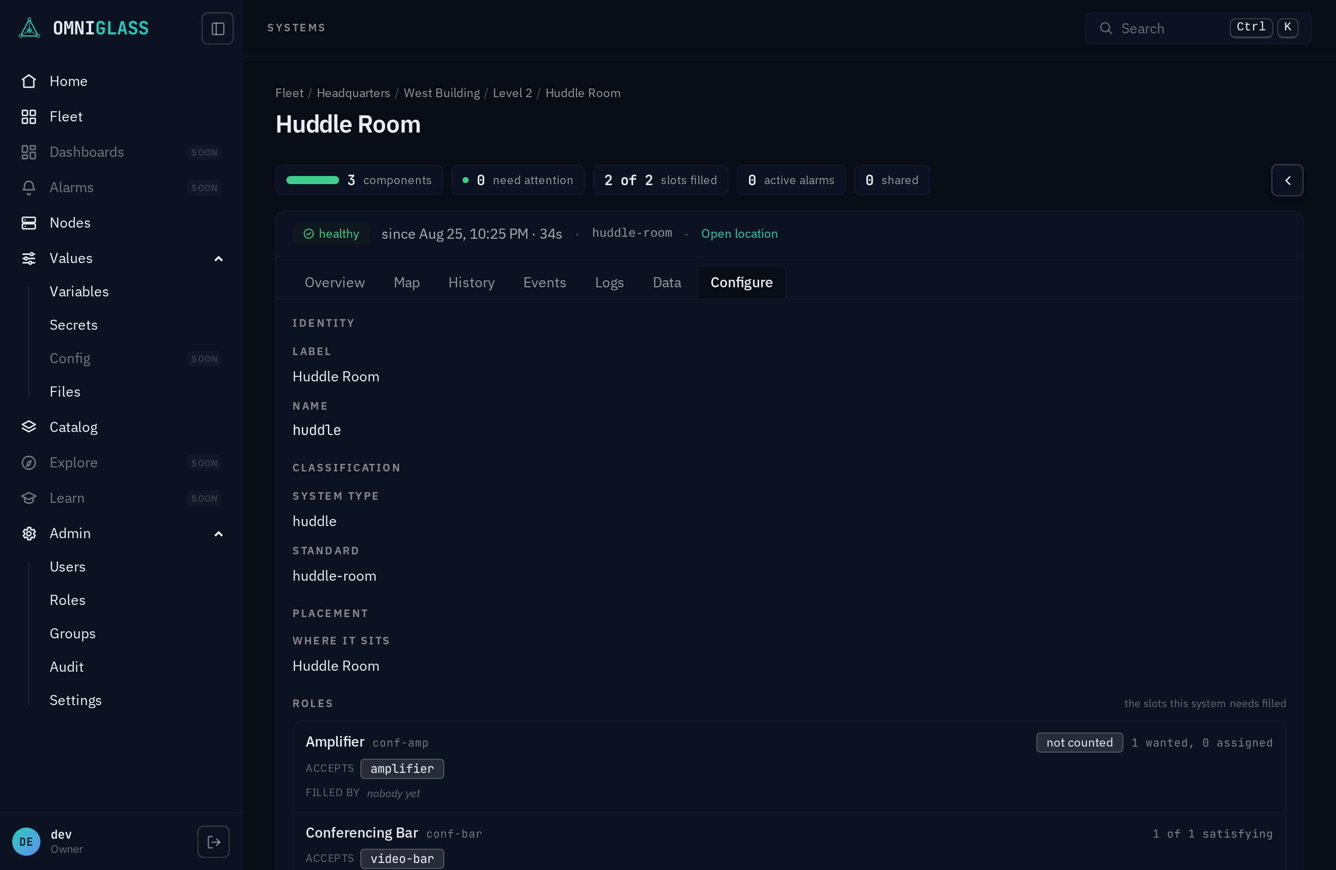 The Configure tab: Identity with the label pen and the name precheck, Classification, Placement, and Tags, edited in place on the workspace.