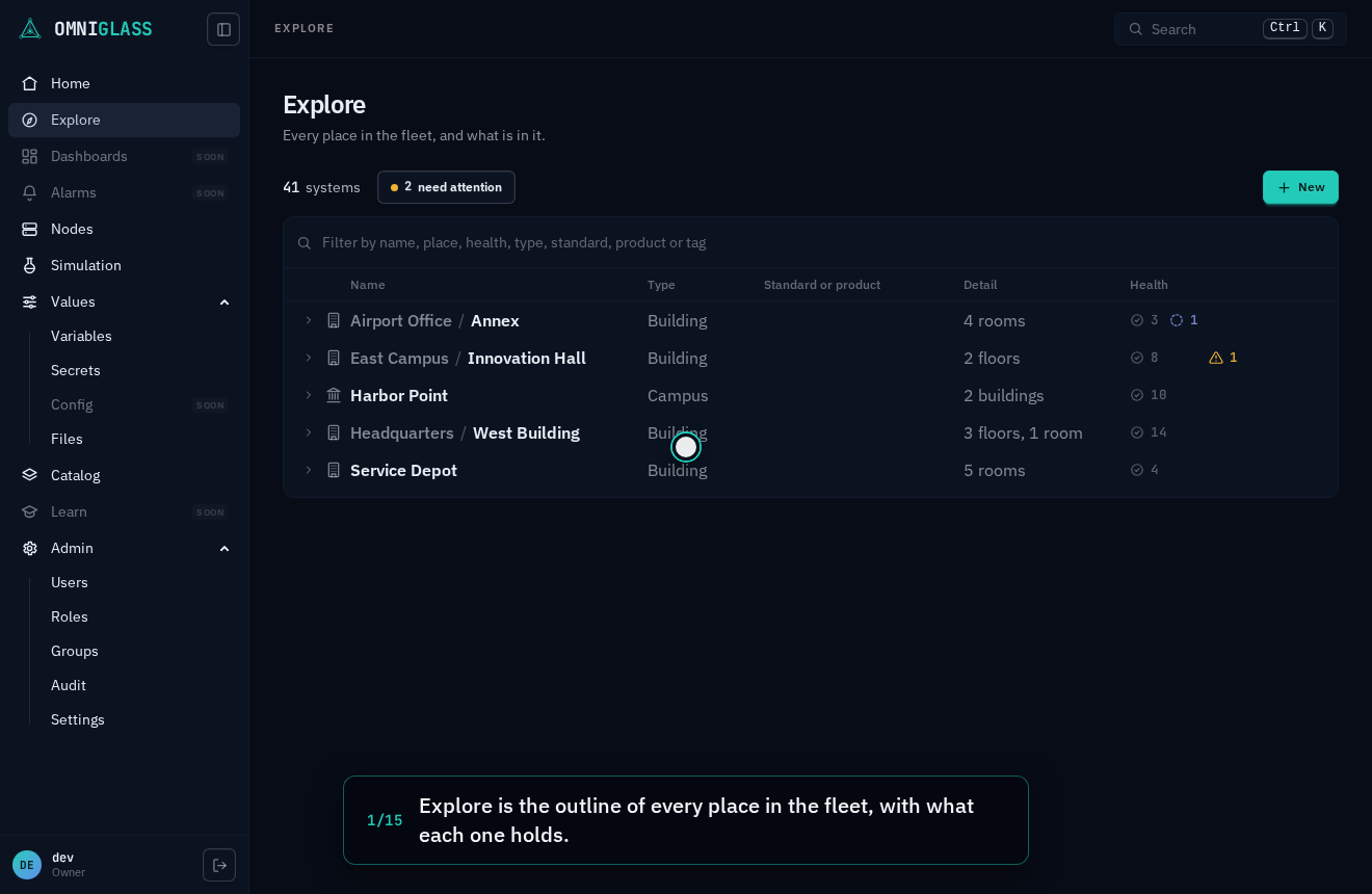 Step 1: Explore is the outline of every place in the fleet, with what each one holds.