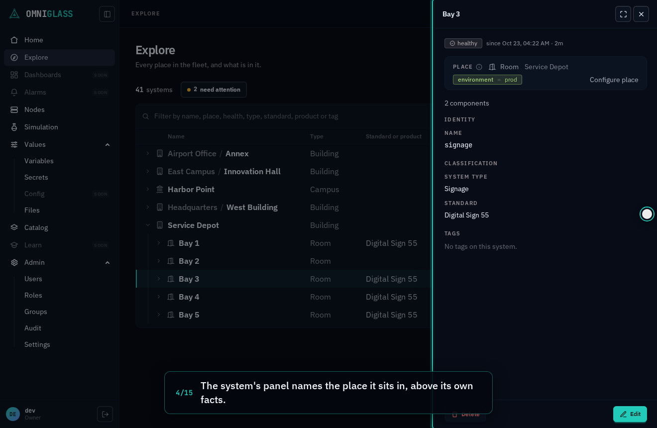 Step 4: The system's panel names the place it sits in, above its own facts.
