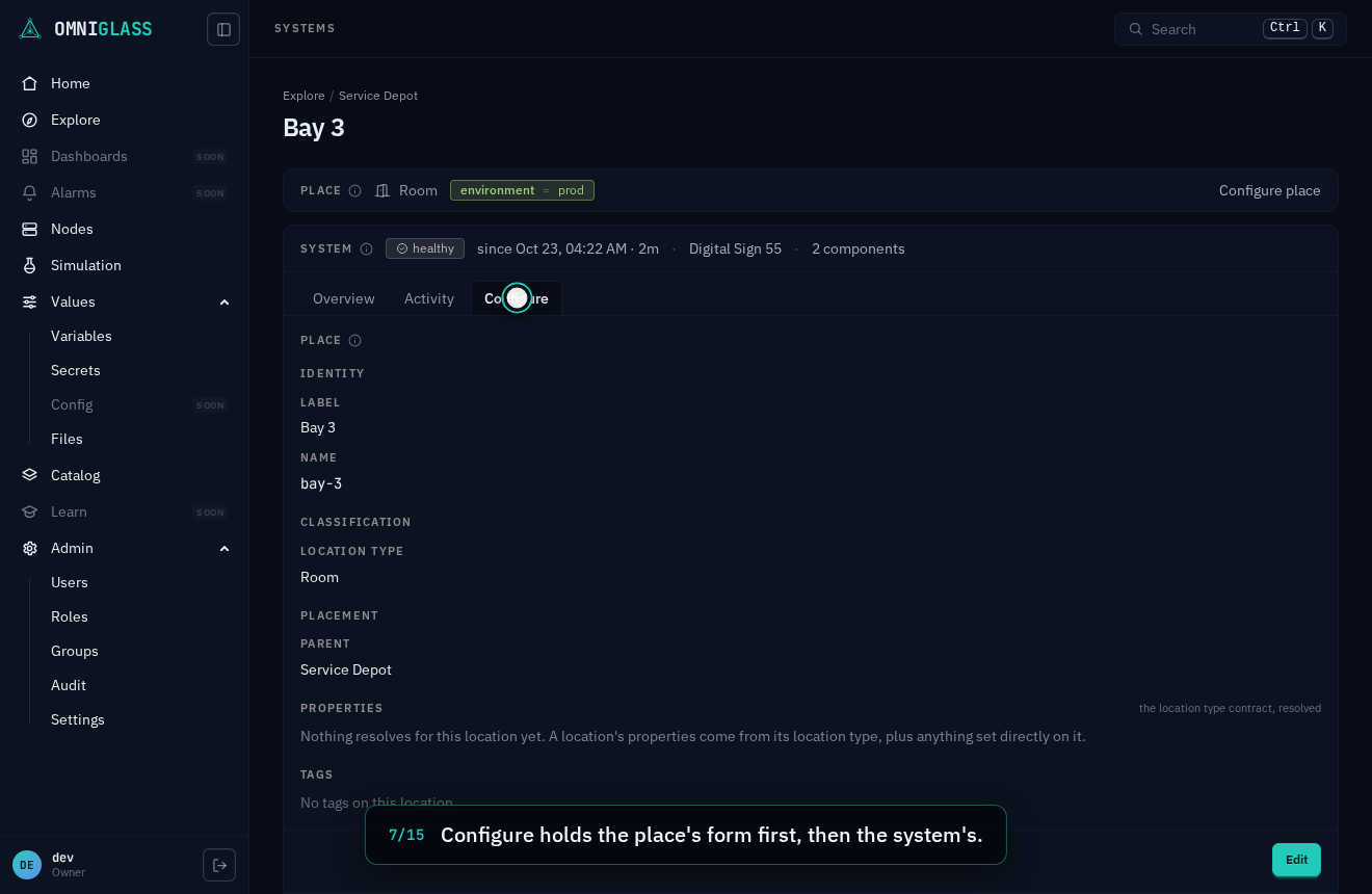 Step 7: Configure holds the place's form first, then the system's.