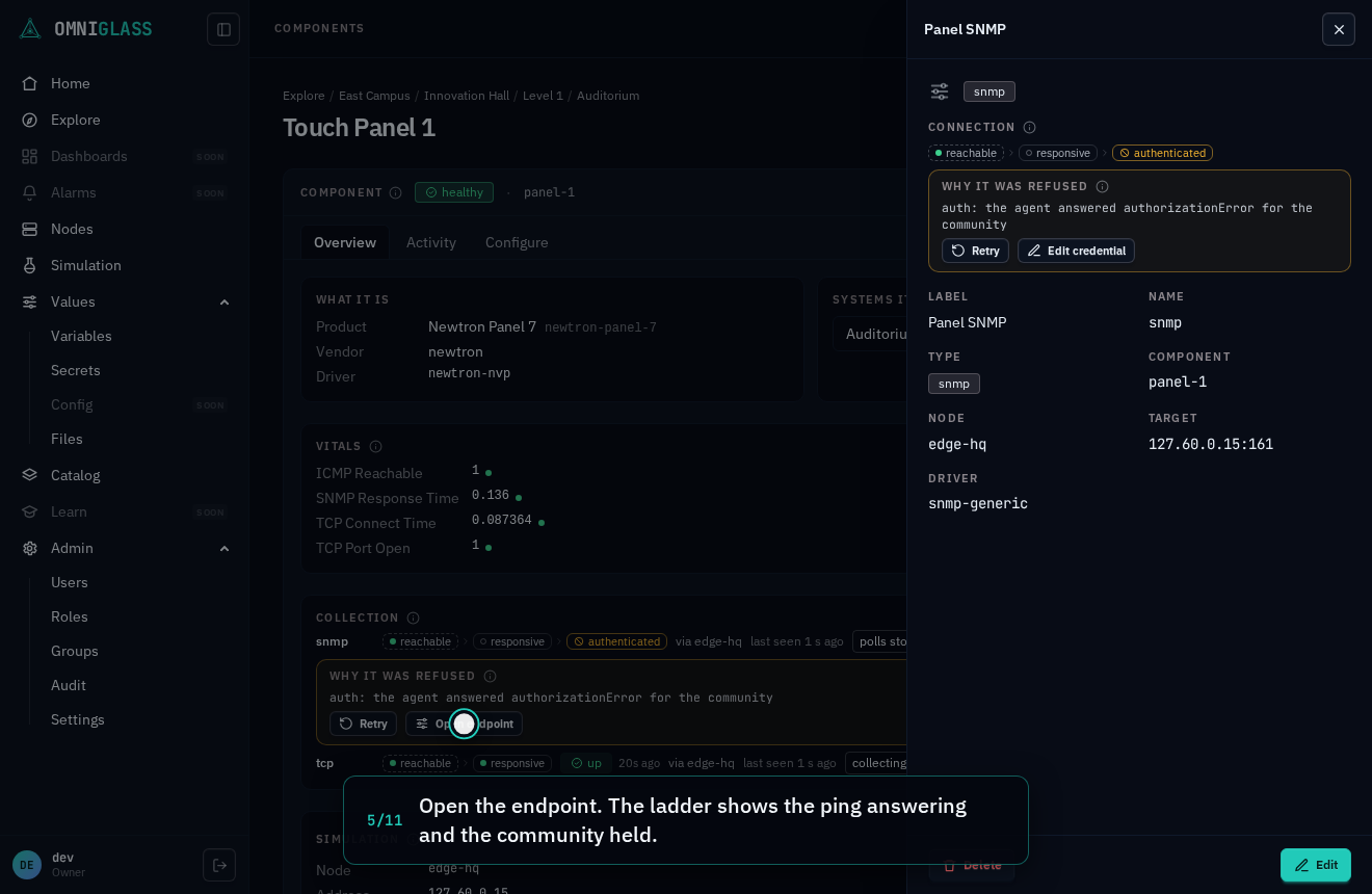 Step 5: Open the endpoint. The ladder shows the ping answering and the community held.