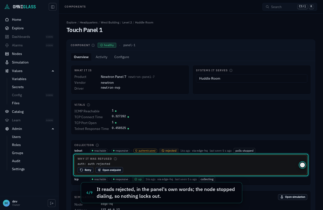 Step 4: It reads rejected, in the panel's own words; the node stopped dialing, so nothing locks out.