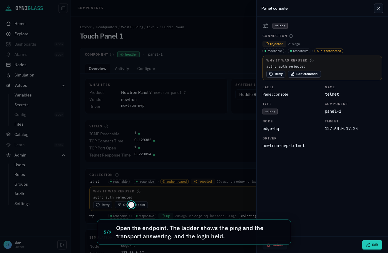 Step 5: Open the endpoint. The ladder shows the ping and the transport answering, and the login held.