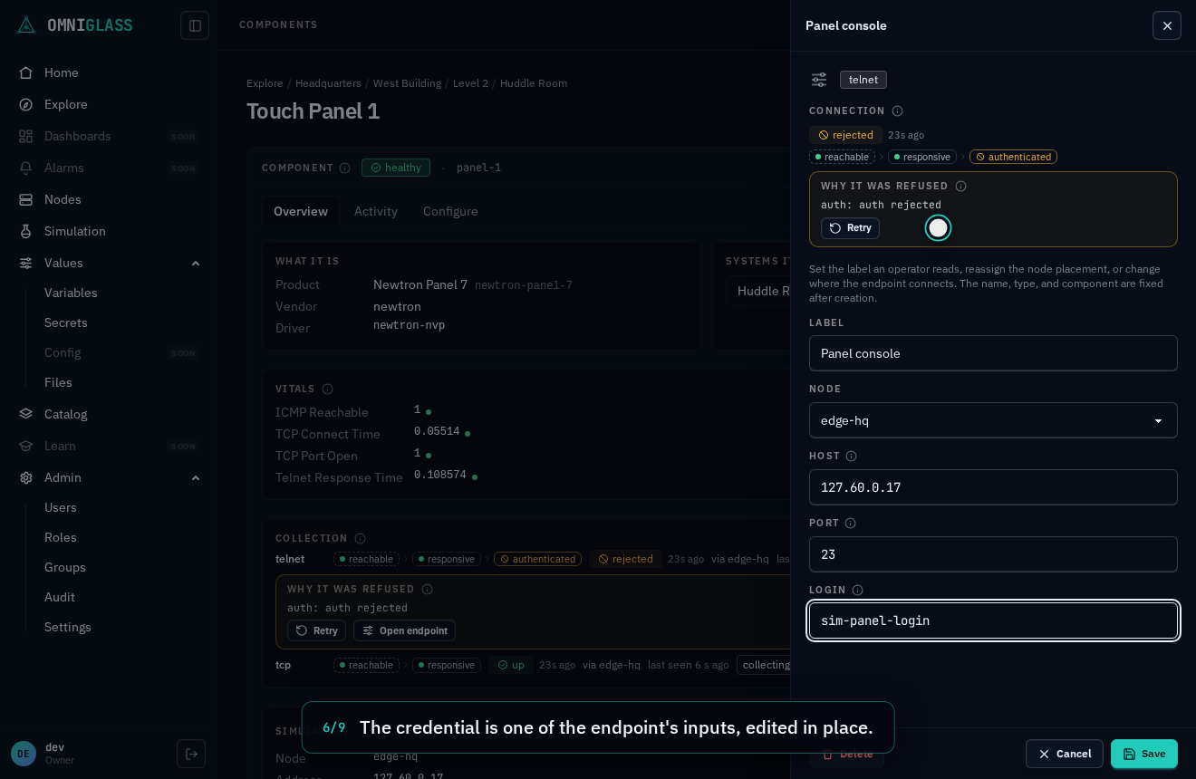 Step 6: The credential is one of the endpoint's inputs, edited in place.
