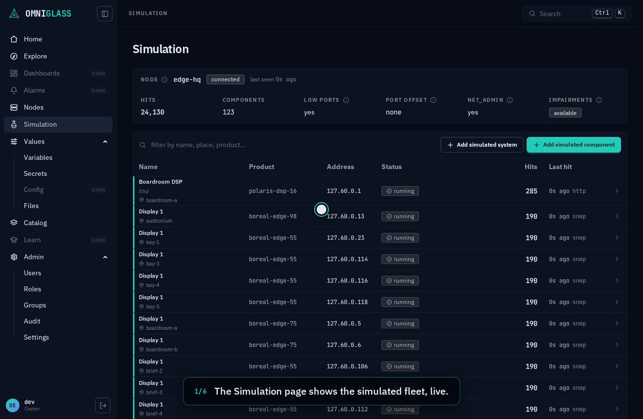Step 1: The Simulation page shows the simulated fleet, live.