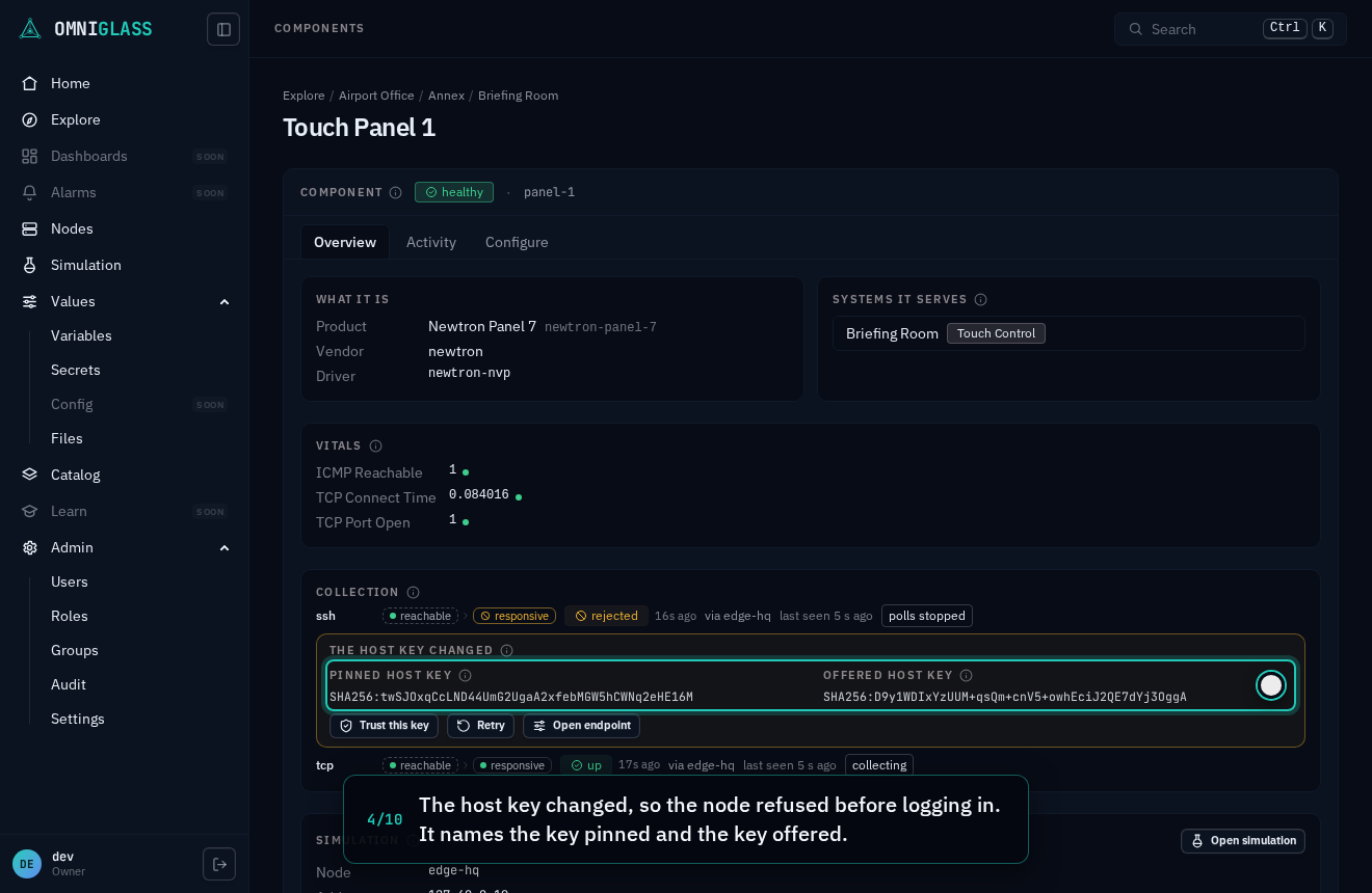 Step 4: The host key changed, so the node refused before logging in. It names the key pinned and the key offered.