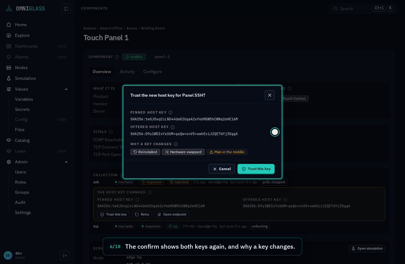 Step 6: The confirm shows both keys again, and why a key changes.